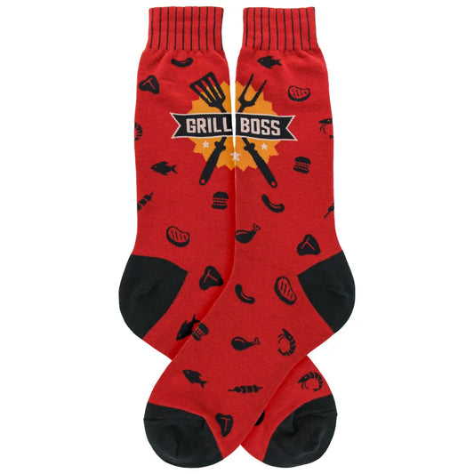 Men's grill master socks gift for dad pitmaster crew socks. "Grill Boss" text with steaks, burgers and grill tools. Red socks with orange and black accents.
