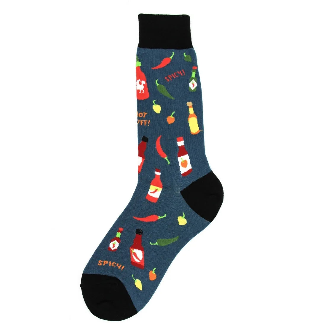 Men’s hot sauce socks with chili pepper and bottle pattern. Blue crew socks with black toe, heel and accents at top.