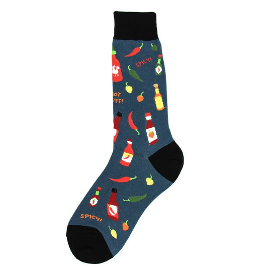 Men’s hot sauce socks with chili pepper and bottle pattern. Blue crew socks with black toe, heel and accents at top.