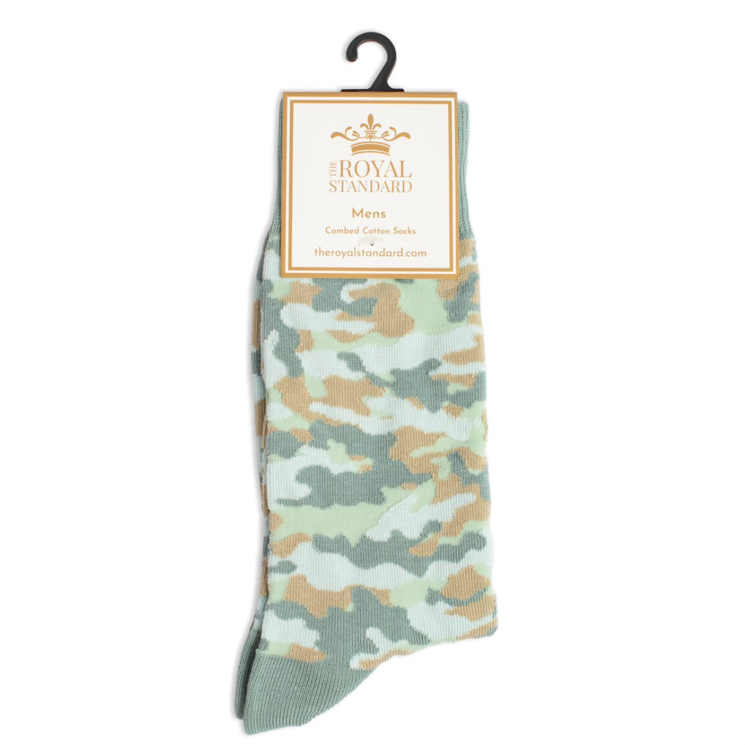 Men’s camo socks with soft sage green and tan muted camouflage pattern.