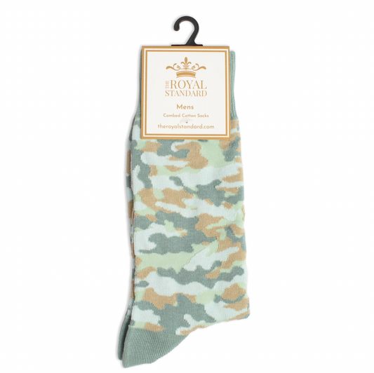Men’s camo socks with soft sage green and tan muted camouflage pattern.