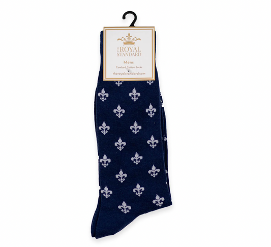 Men's navy blue dress socks for men with white fleur de lis print. Men's crew socks.