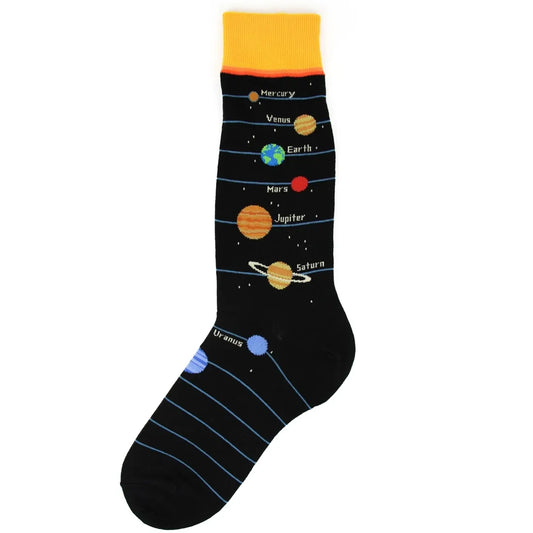 Solar system and planets novelty socks for men. Black crew socks space design for outer space fan.