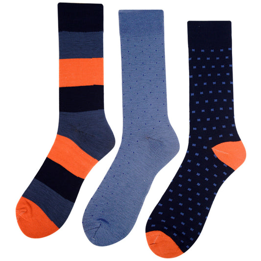 Men's Striped and Dot Crew Socks - Blue and Orange - 3 Pack