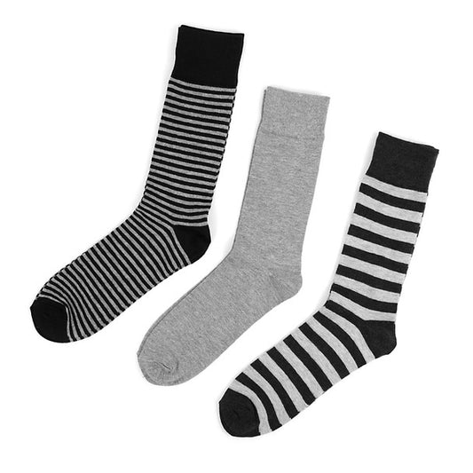 Men's Striped and Solid Crew Socks - Black and Gray 3 Pack