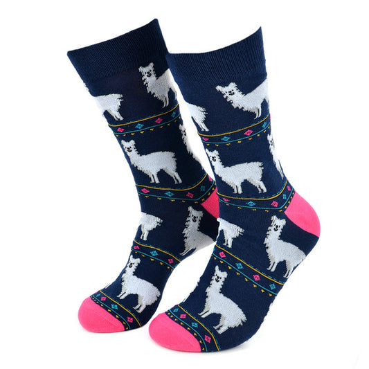 Men's Alpaca Print Socks - Blue with pink toe