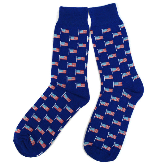Men’s american flag socks with repeating flag pattern on blue background.