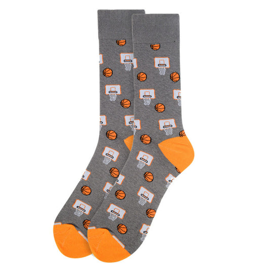 Gray men's crew socks with basketball and basketball hoop pattern and orange toe and heel accents.