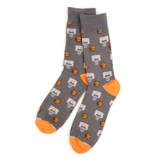 Gray men's crew socks with basketball and basketball hoop pattern and orange toe and heel accents.