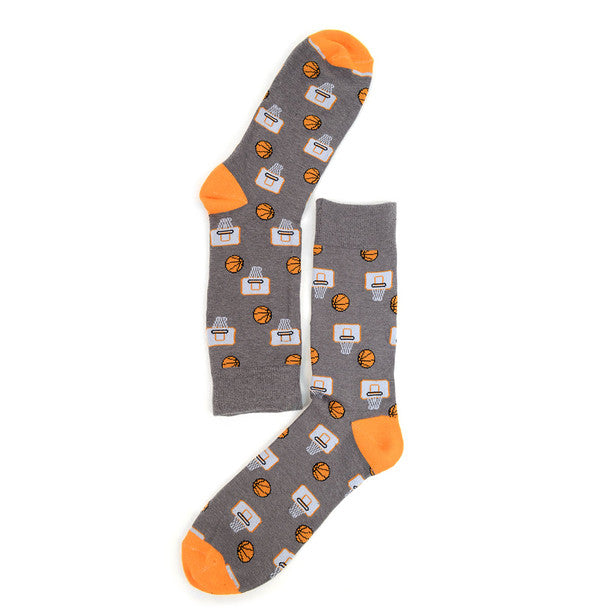 Gray men's crew socks with basketball and basketball hoop pattern and orange toe and heel accents.