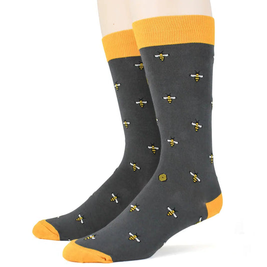 Gray mens bee print socks with gold tone toes, heel and top of sock