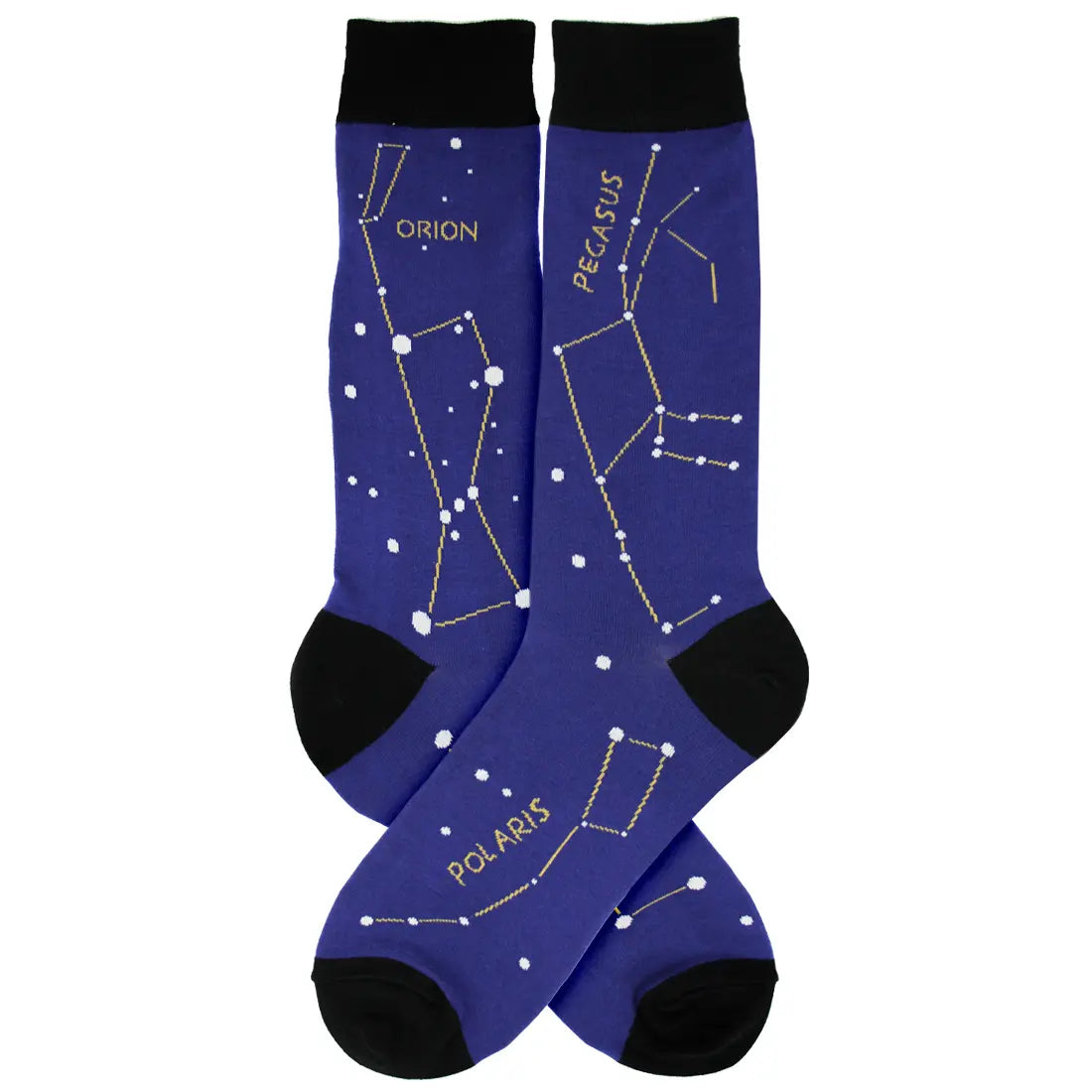 Men’s constellation socks with star patterns on deep blue crew socks