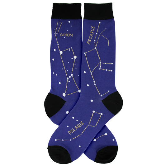 Men’s constellation socks with star patterns on deep blue crew socks
