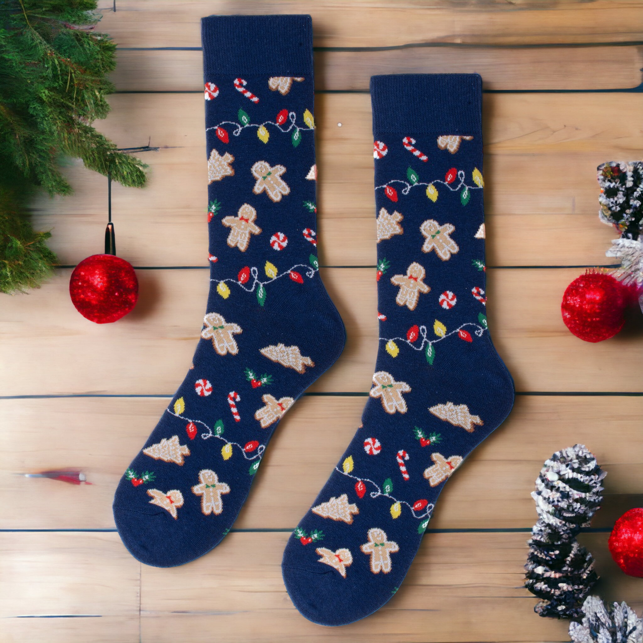 Men's Crew Socks - Gingerbread Man and Christmas Lights