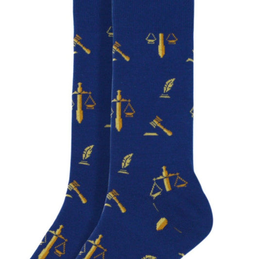 Pair of blue lawyer-themed socks featuring gold scales of justice, quill, and gavel symbols, designed for legal professionals and bar exam candidates.
