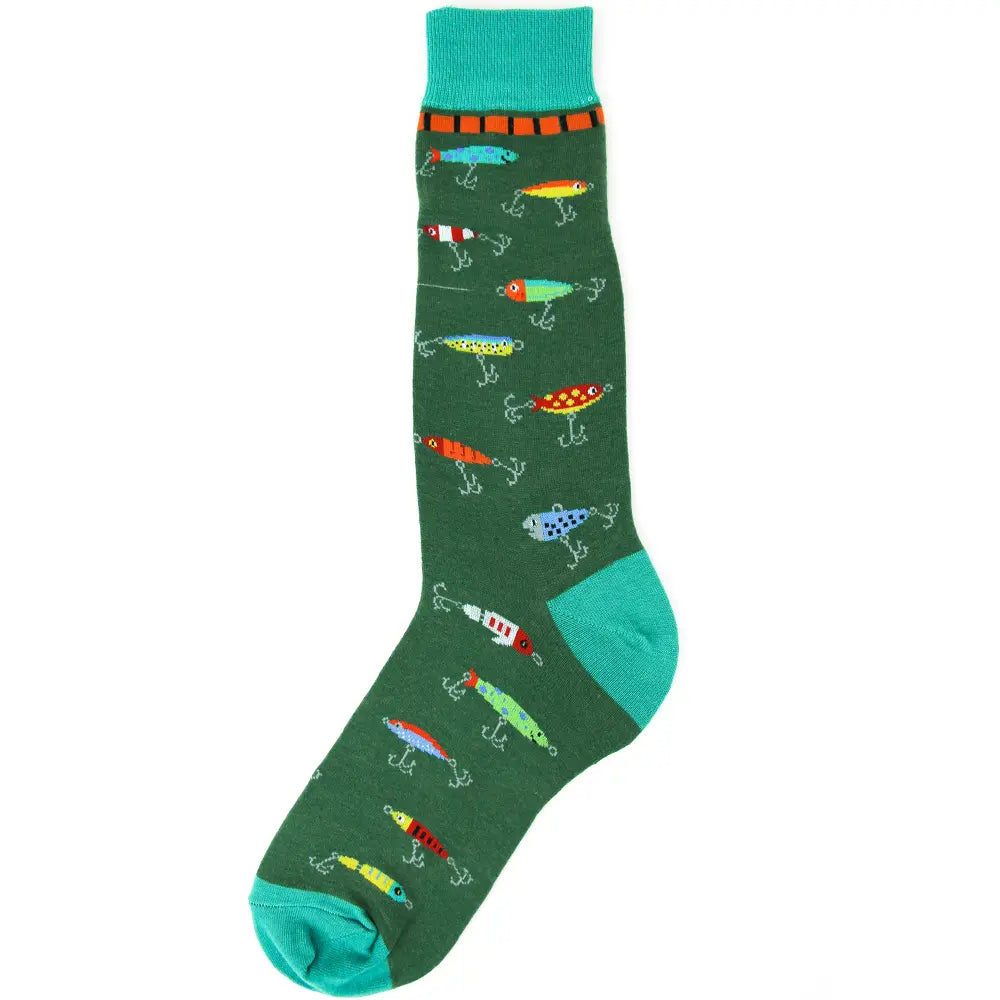 men’s fishing socks with colorful fishing lure and tackle pattern