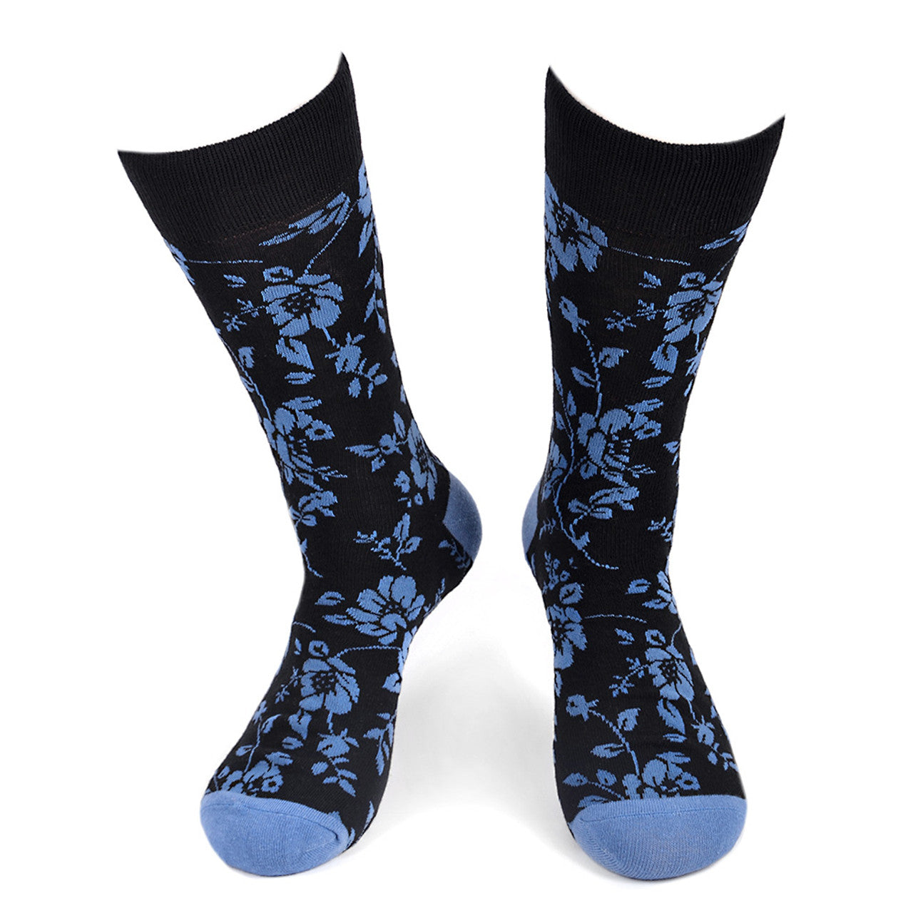 Men's black socks with blue floral and botanical pattern accents, suitable for both garden parties and corporate meetings.