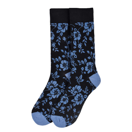 Men's black socks with blue floral and botanical pattern accents, suitable for both garden parties and corporate meetings.