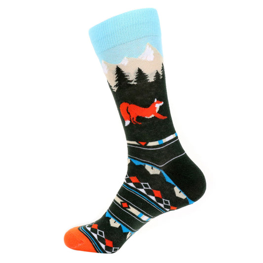 Men's Fox Crew Socks - Mountains Forest - Great for the camping enthusiast or outdoorsman!
