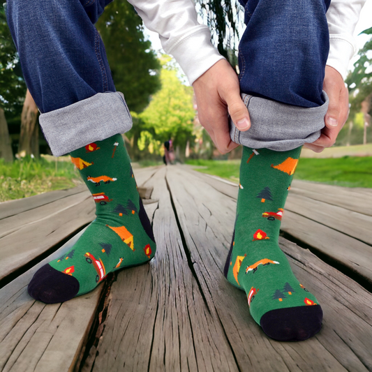 Men's Camping Crew Socks - Camper Tent Campfire Green