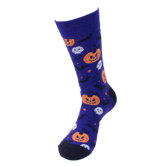 Men's Halloween Socks - Pumpkin Skulls and Bats Purple Black