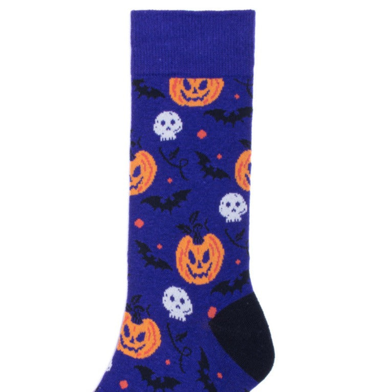 Men's Halloween Crew Socks - Pumpkin Skulls and Bats Purple Black