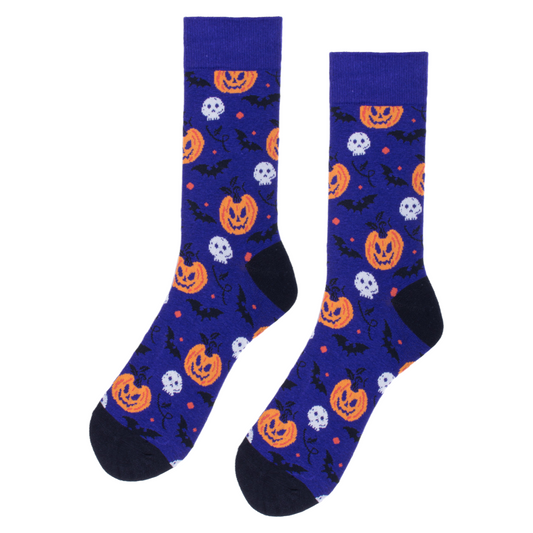 Men's Halloween Crew Socks - Pumpkin Skulls and Bats Purple Black