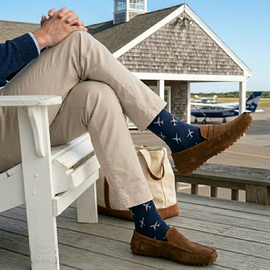 Men’s airplane socks with white plane pattern on navy blue