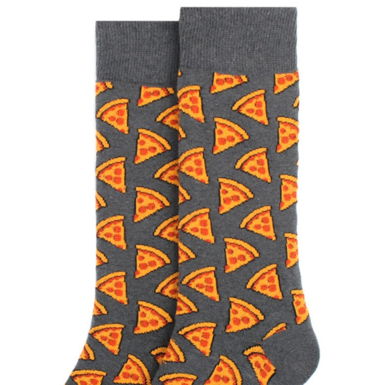 Men's gray crew socks with pizza slice pattern.