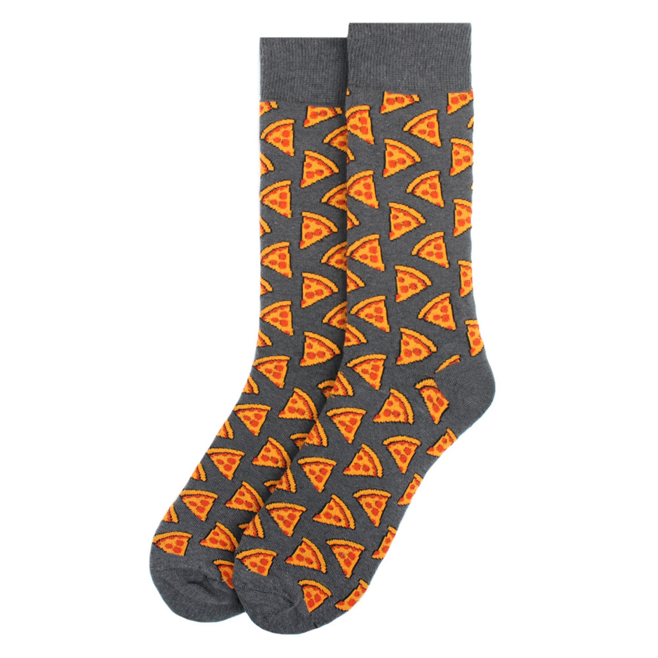 Men's gray crew socks with pizza slice pattern.