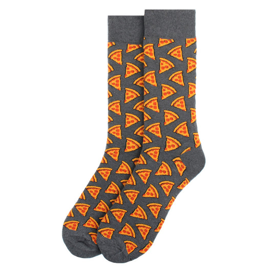 Men's gray crew socks with pizza slice pattern.