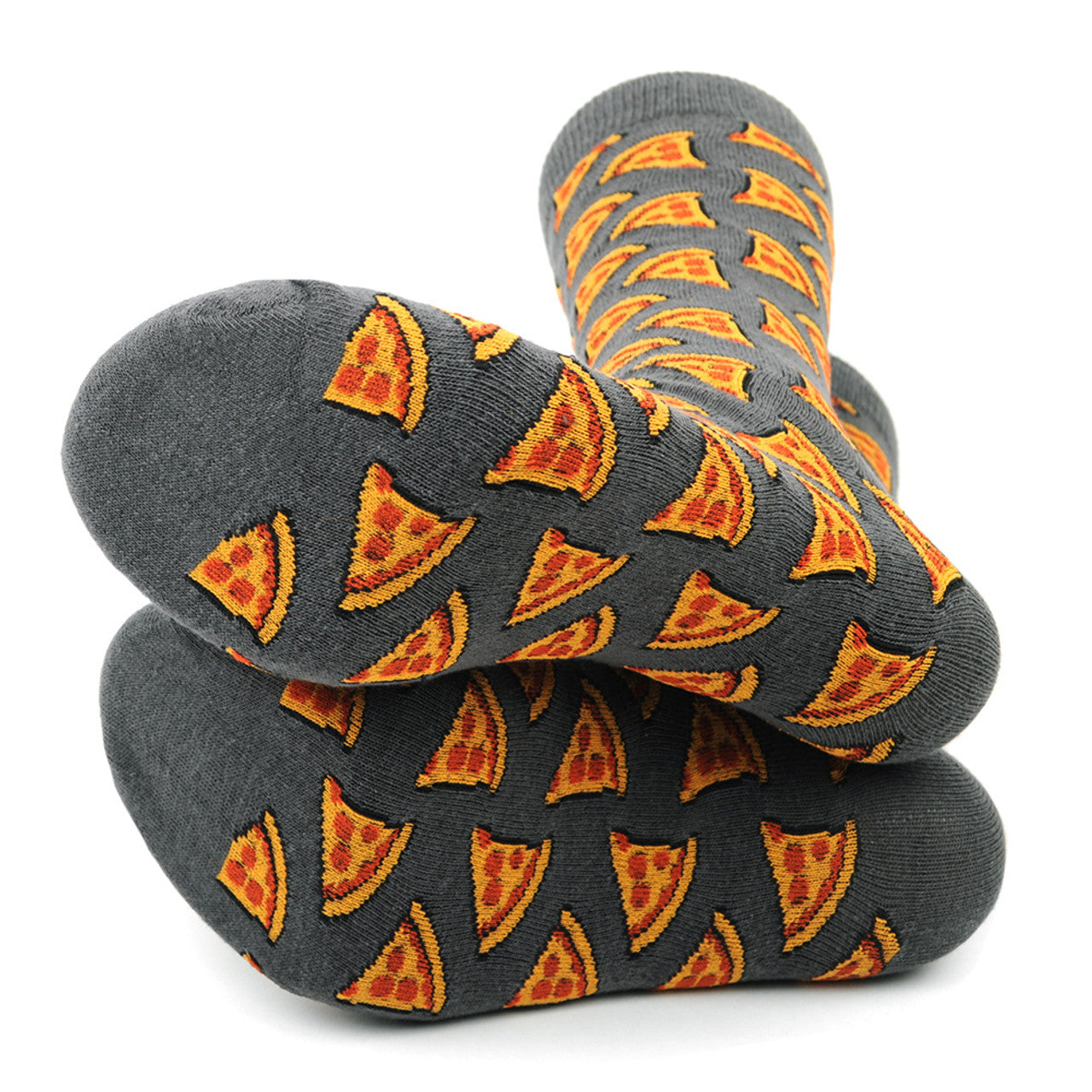 Men's gray crew socks with pizza slice pattern.