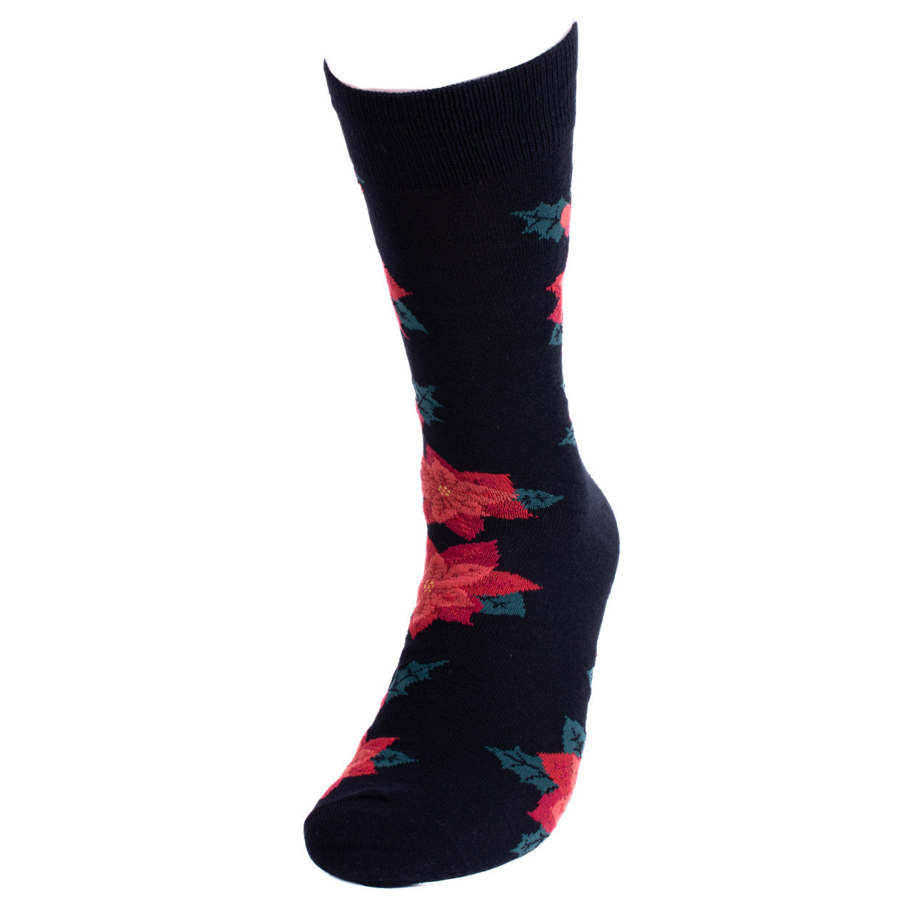 Men's black socks decorated with red poinsettia and teal leaves pattern, ideal for festive holiday wear. Perfect Christmas Socks.