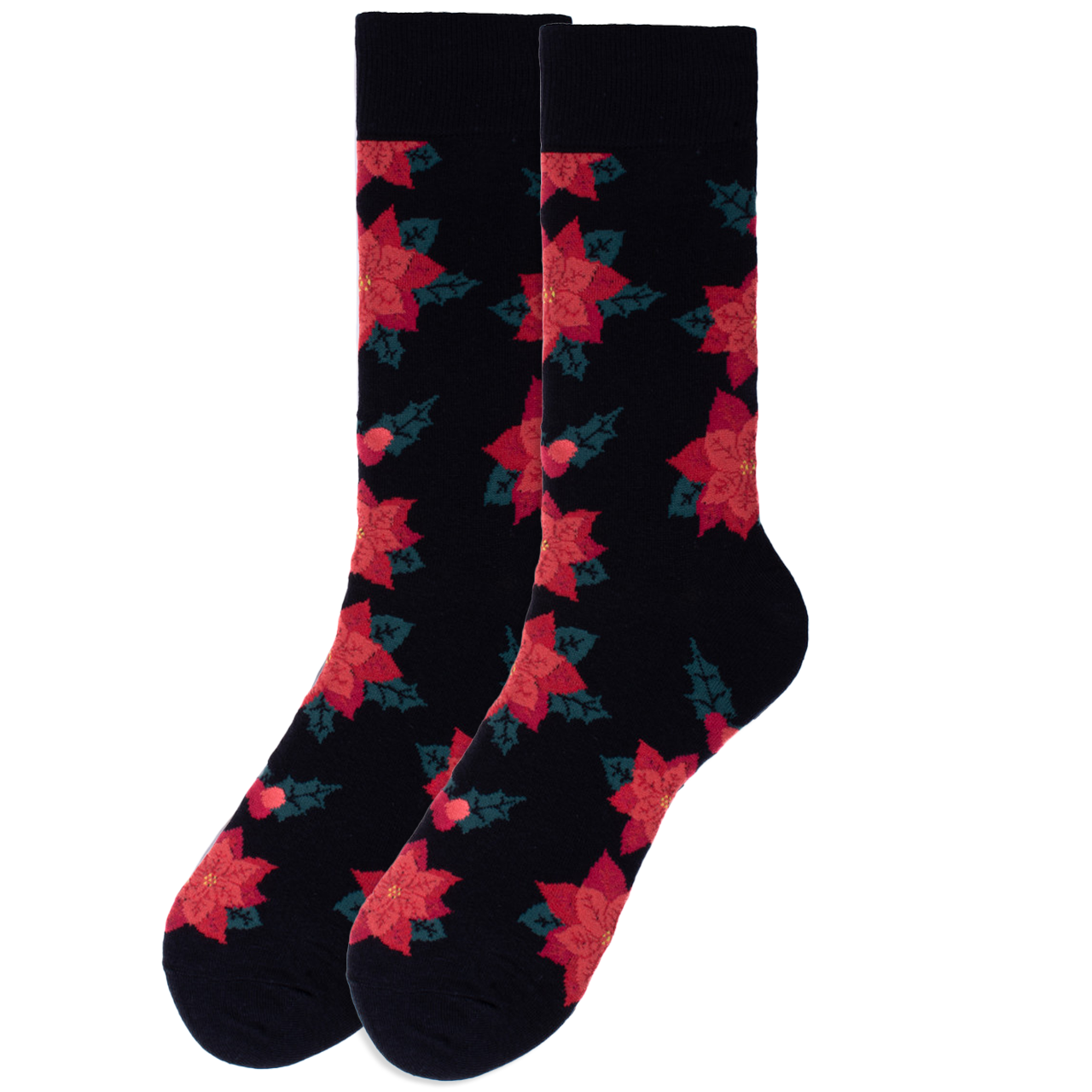 Men's black socks decorated with red poinsettia and teal leaves pattern, ideal for festive holiday wear. Perfect Christmas Socks.