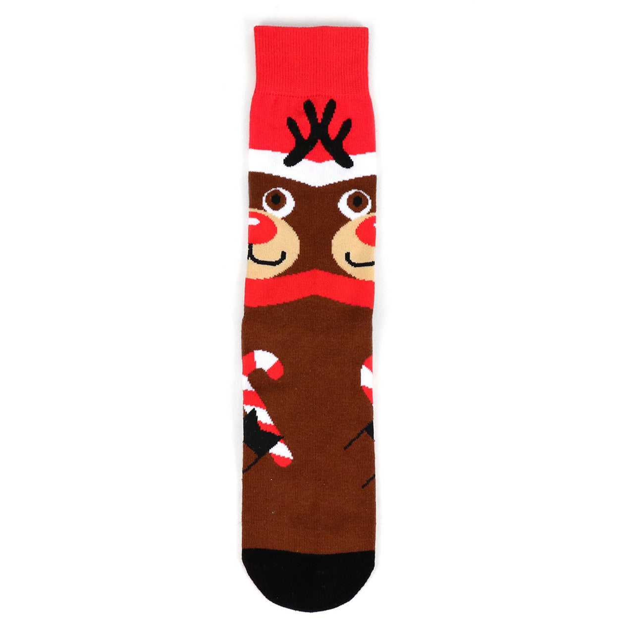 A pair of men's crew socks featuring a design inspired by Rudolph the Red-Nosed Reindeer. The socks have a brown base with Rudolph's face near the top, complete with a red nose, black eyes, and antlers. The toe and heel are black, and there are candy cane motifs on the foot. The top of the socks is red with a white band, resembling Rudolph's festive hat.