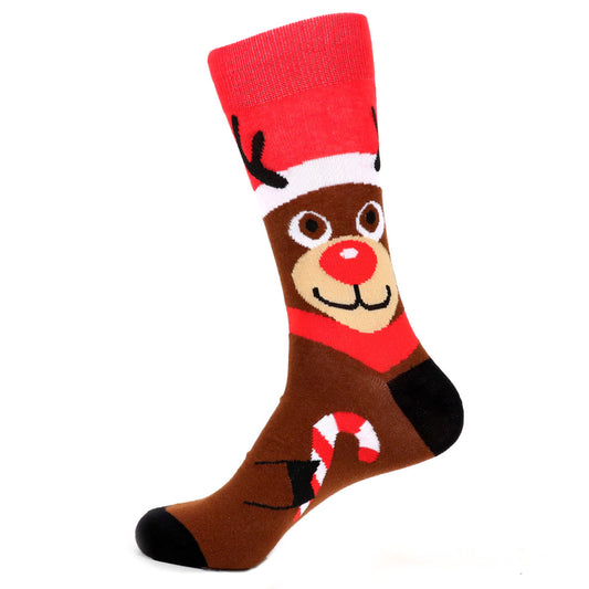 A pair of men's crew socks featuring a design inspired by Rudolph the Red-Nosed Reindeer. The socks have a brown base with Rudolph's face near the top, complete with a red nose, black eyes, and antlers. The toe and heel are black, and there are candy cane motifs on the foot. The top of the socks is red with a white band, resembling Rudolph's festive hat.