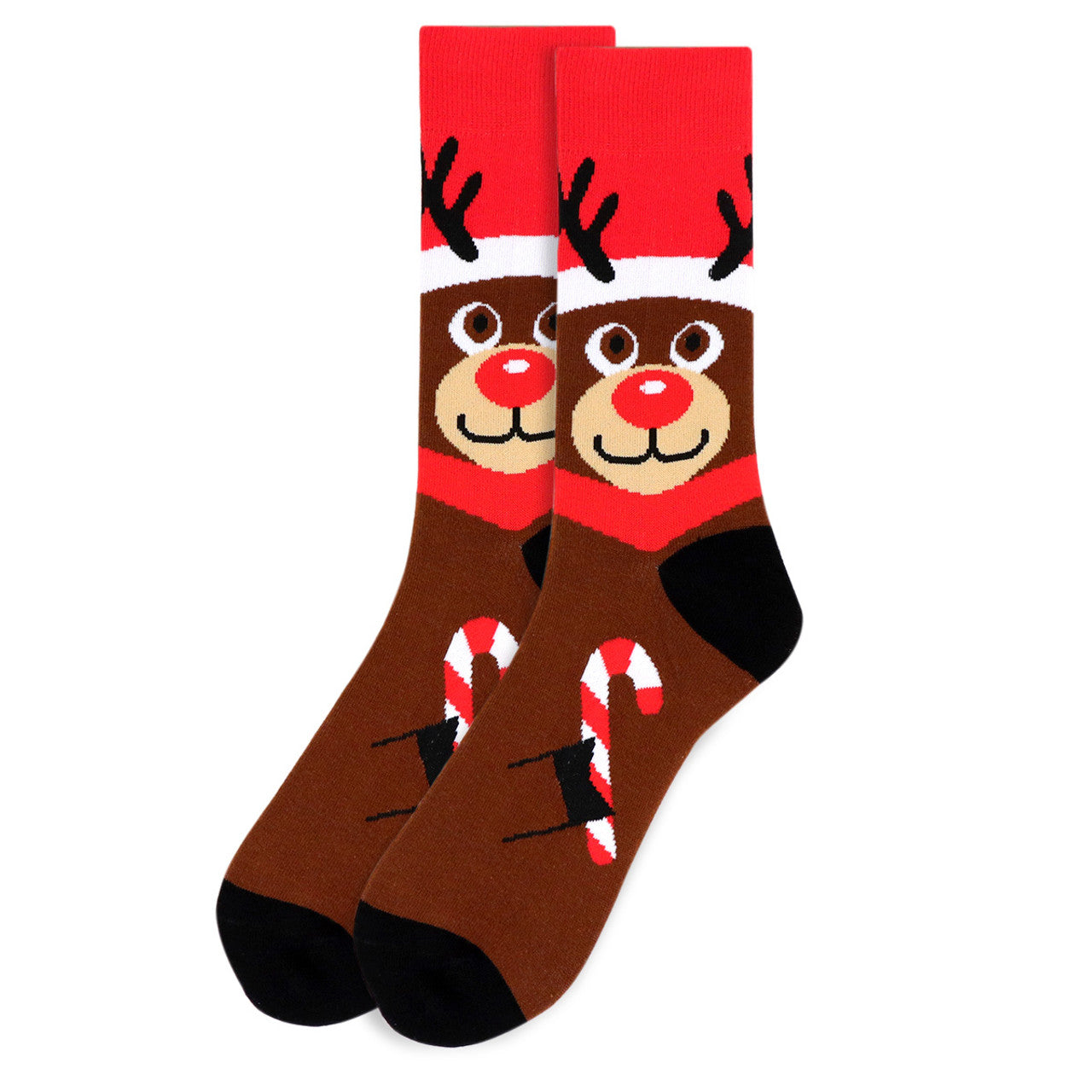 A pair of men's crew socks featuring a design inspired by Rudolph the Red-Nosed Reindeer. The socks have a brown base with Rudolph's face near the top, complete with a red nose, black eyes, and antlers. The toe and heel are black, and there are candy cane motifs on the foot. The top of the socks is red with a white band, resembling Rudolph's festive hat.