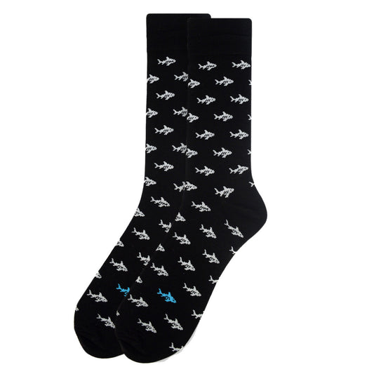 Men's black socks with a pattern of white shark silhouettes and distinctive blue shark.