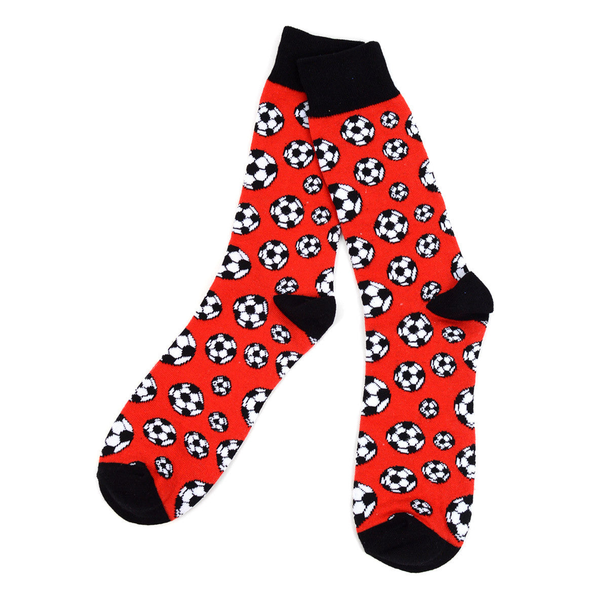 Men’s soccer socks with repeating soccer ball pattern on vibrant red