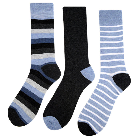 Men's Striped and Solid Crew Socks - Grey and Blue - 3 Pack