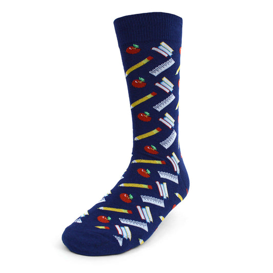 Men's Teacher Socks - School Supplies, Books, Pencils and Apples