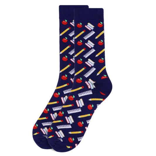 Men's Teacher Socks - School Supplies, Books, Pencils and Apples