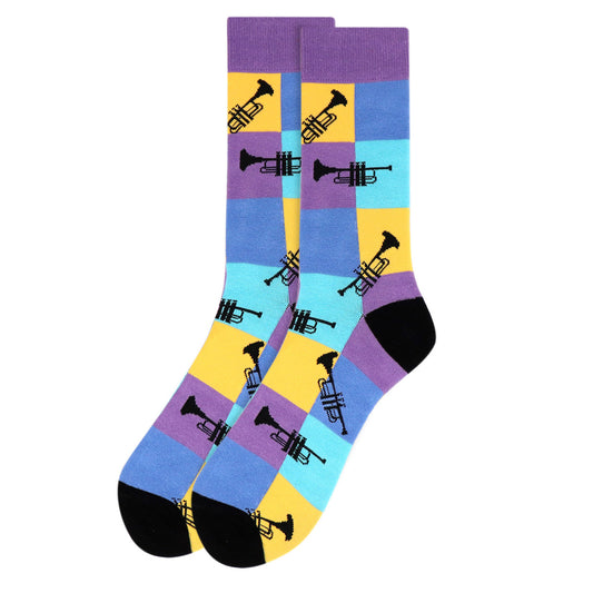 A pair of men's socks with a colorful striped pattern in shades of blue, purple, yellow, and black featuring multiple trumpet graphics.