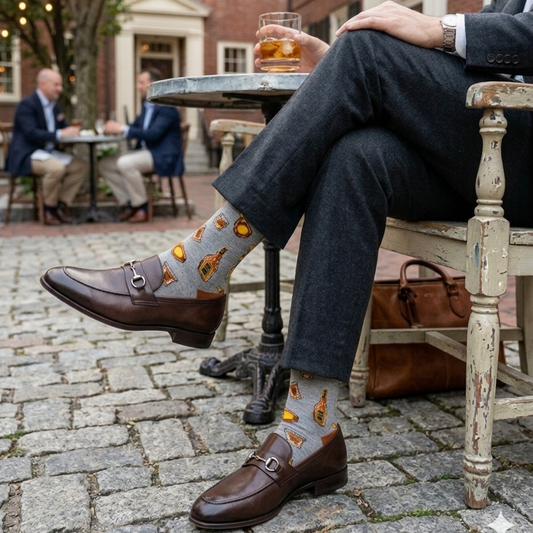 Mens Grey Socks with Whisky and Bourbon Bottles all over print.
