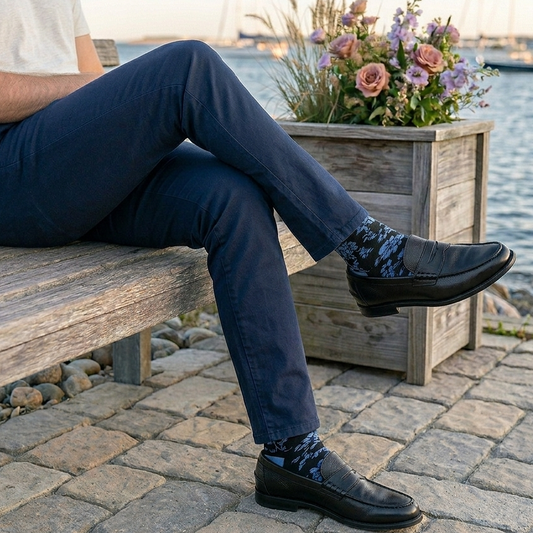 Men's Black Crew Socks with blue Floral Print.