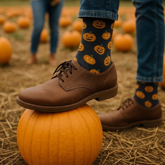Man wearing brown shoes and blue jeans with pumpkin print socks standing on a pumpkin in a pumpkin patch.