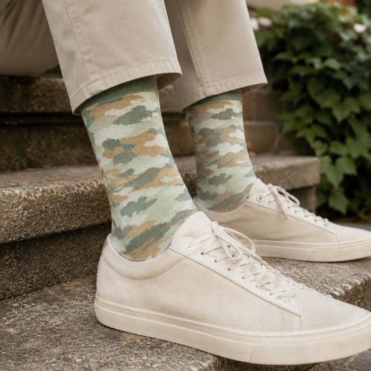 Men's muted camo crew socks with mint green, sage green and tan.