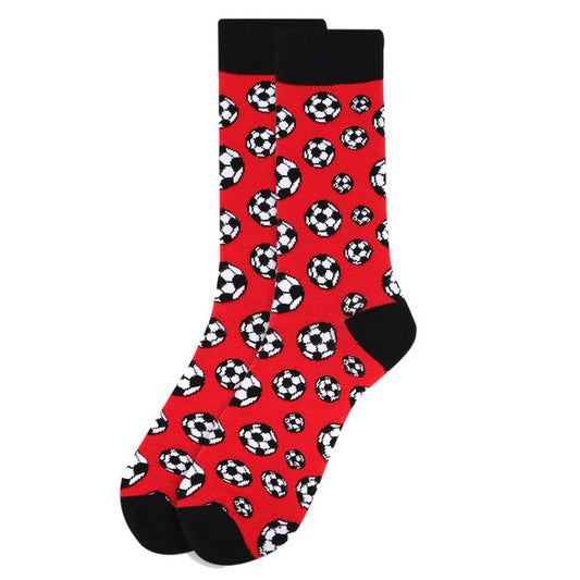 Men’s soccer socks with repeating soccer ball pattern on vibrant red