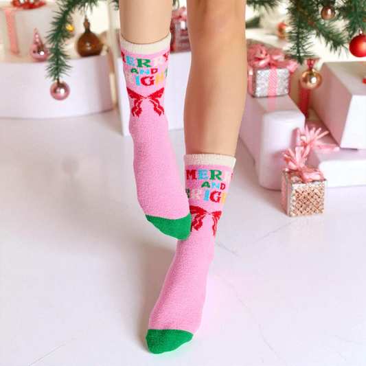 Women's Merry & Bright Fuzzy Christmas Socks - Pink