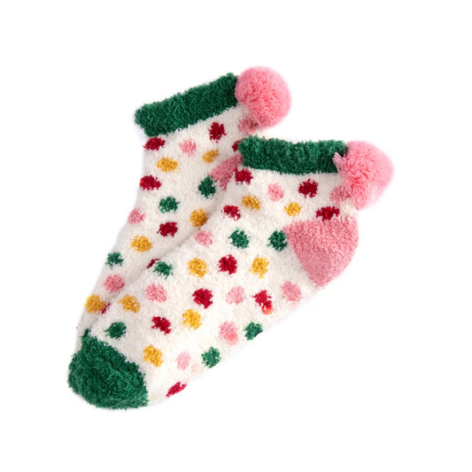 Womens Pom Pom Socks with Grippers - Polka Dot Print - Pink, Red, Gold & Green